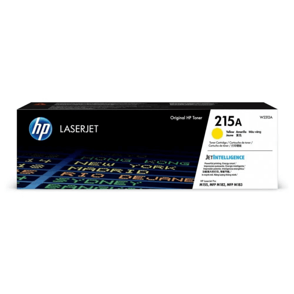 Tóner HP 215A W2312A amarillo original, compatible con impresoras HP Color LaserJet Pro M155, M182 y M183, con rendimiento de hasta 850 páginas.
